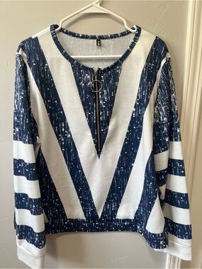 Flamingals Navy and White Striped Zip Pullover Top
